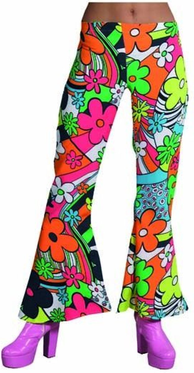 Hippie Kostuum | Knalkleuren Hippie Broek Bloemen Vrouw | XL | Carnaval kostuum | Verkleedkleding